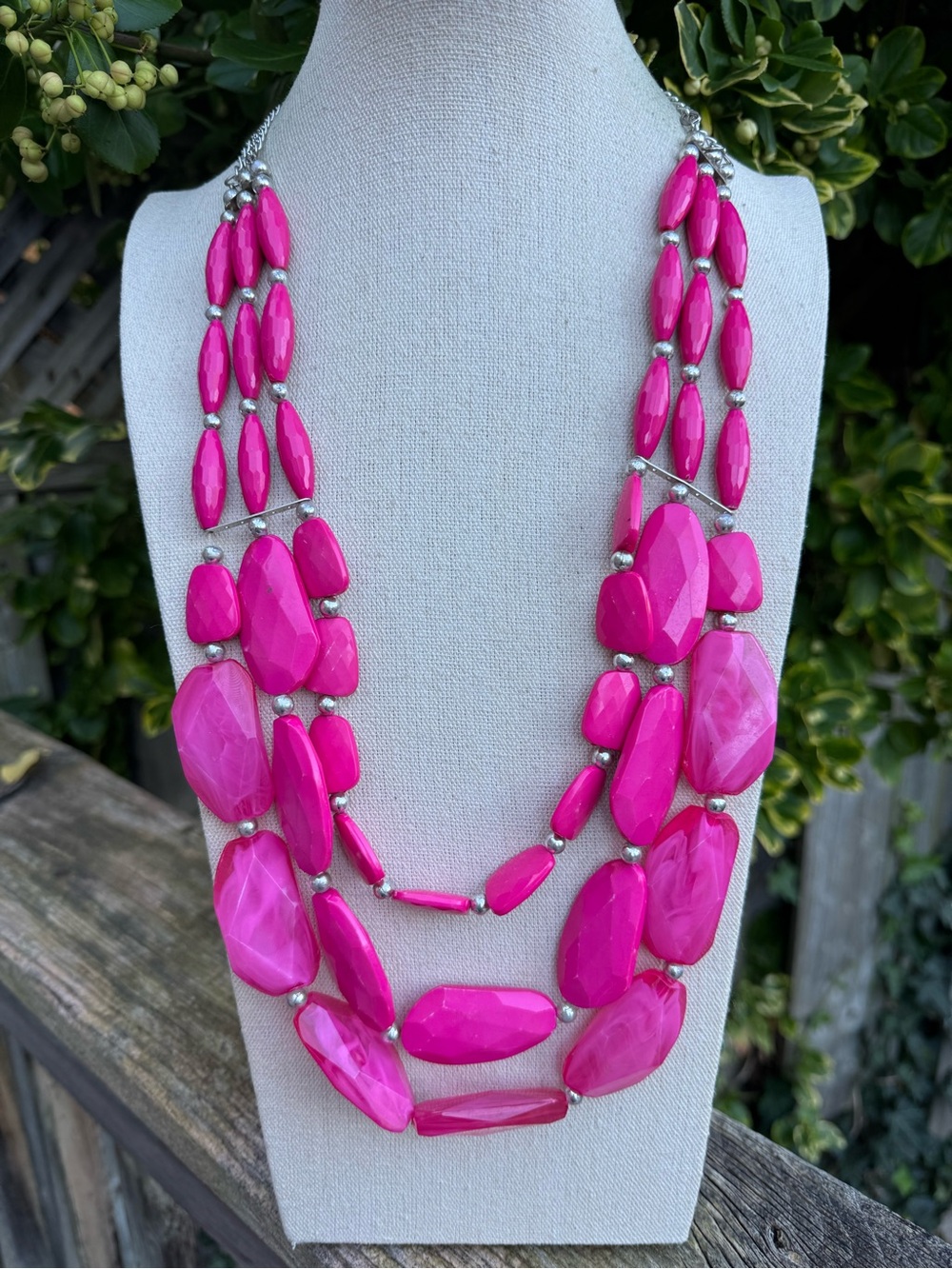 Fuchsia Pink Acrylic Layered Statement Necklace - Chunky Silver Tone